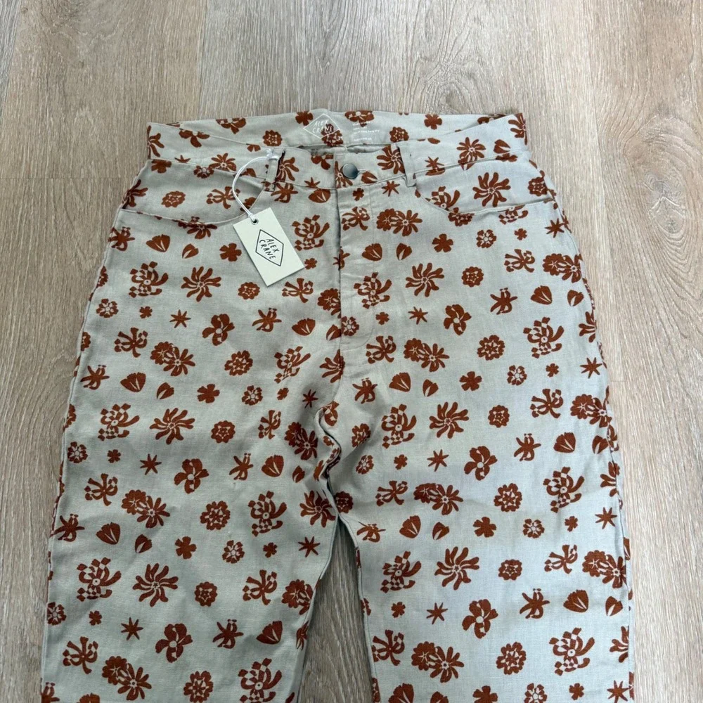Alex Crane Cham Pants Mens 31 Bone Rust Floral 100% Linen Straight Leg Trousers